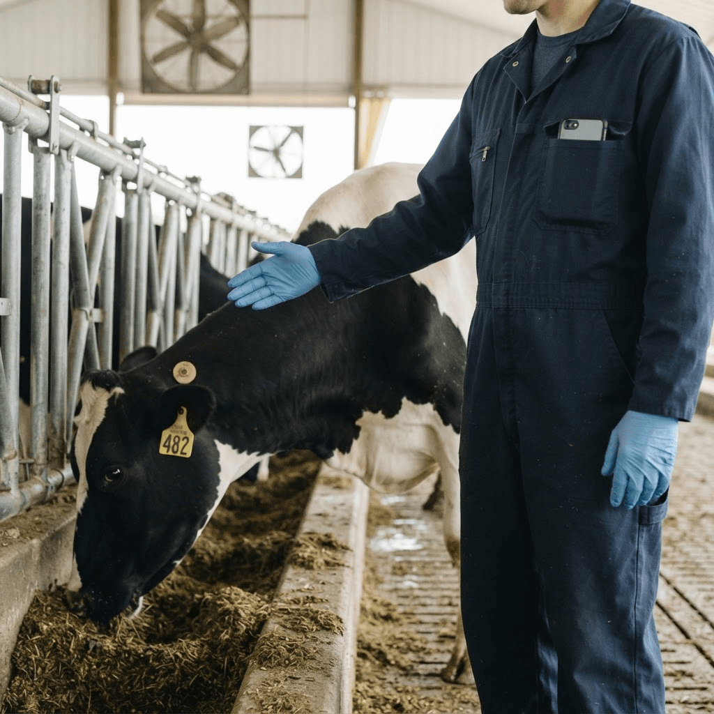 A food animal veterinarian working a Holstein cow at the feed line with the phone stowed in a coverall chest pocket, nothing hanging from the neck, while CHIKUWA records the encounter hands-free